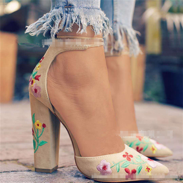 Floral Embroidered D'Orsay Ankle Strap Block Heels
