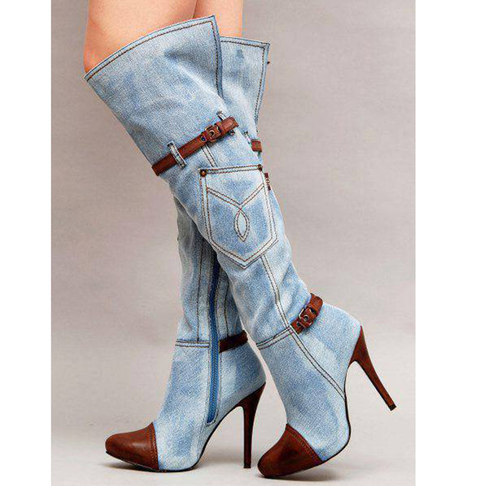 Stitched High Heel Denim Plus-Size Knee-High Boots