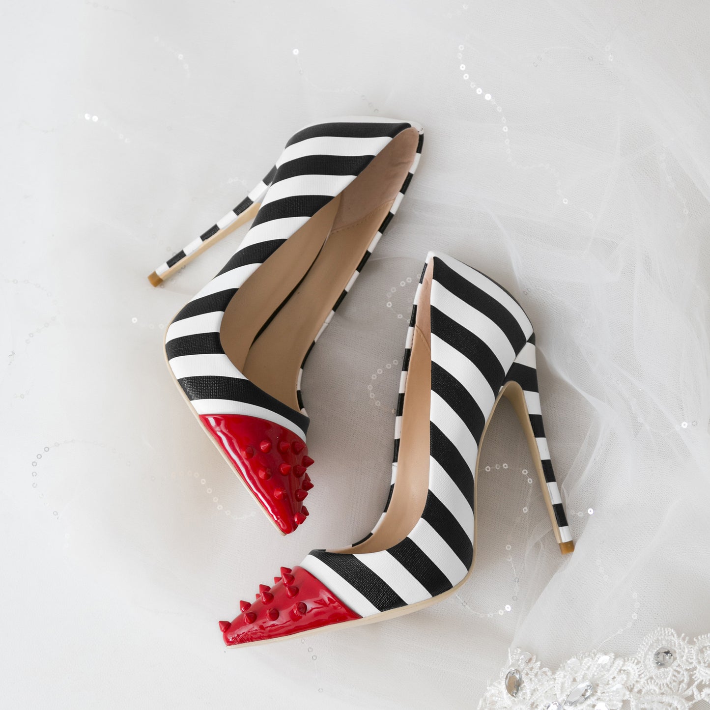Red & Stripe Spike-Toe Stiletto Heels