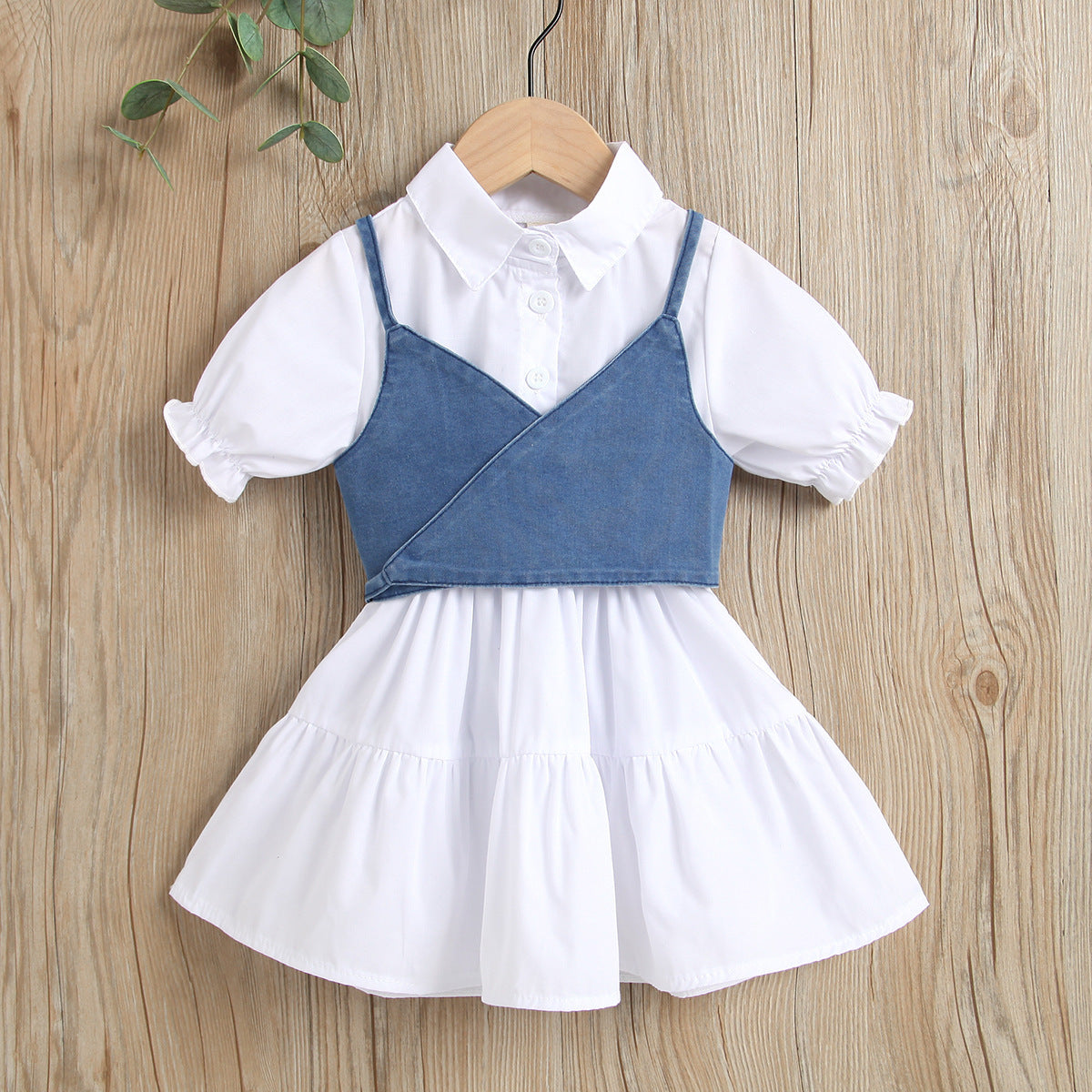 Girls' Short-Sleeved Stitching Petticoat Lace-Up Denim Sling Vest Suit