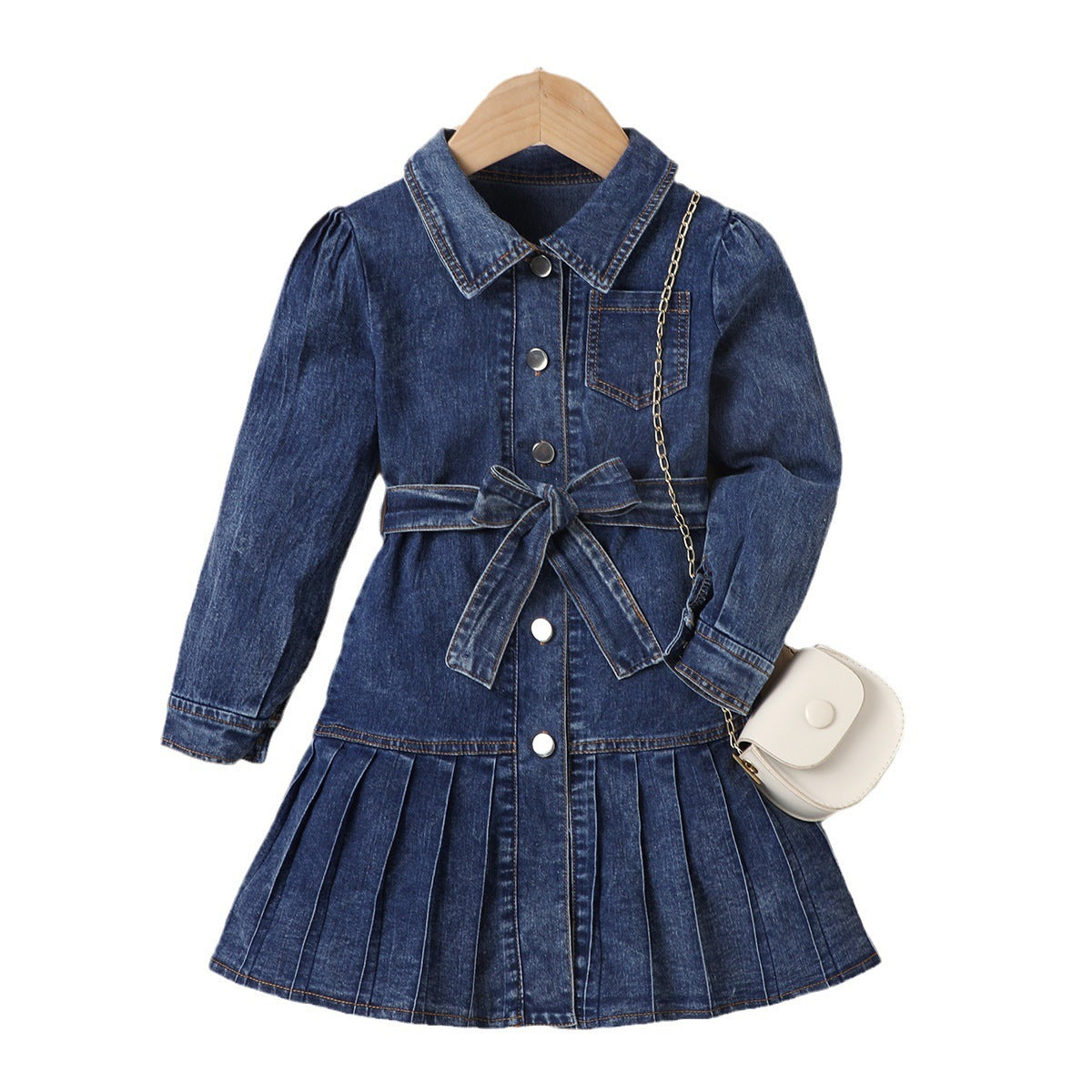 Bow Belt Pleated Denim Cardigan Dress Set