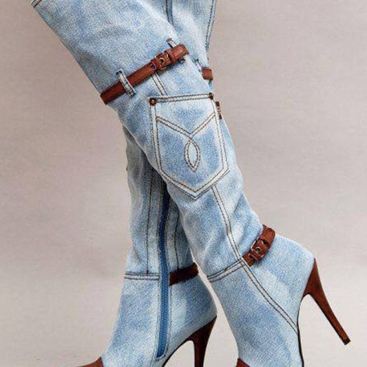 Stitched High Heel Denim Plus-Size Knee-High Boots