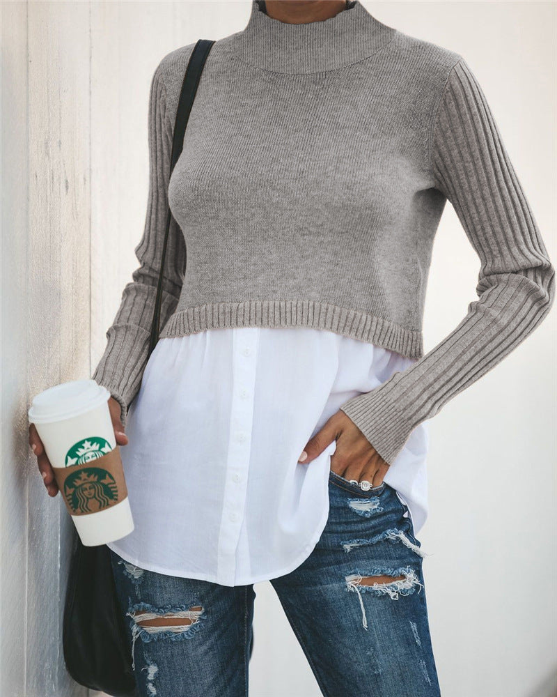 Stitching long sleeve button stitching women's top