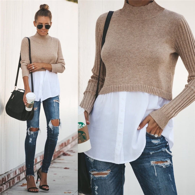 Stitching long sleeve button stitching women's top