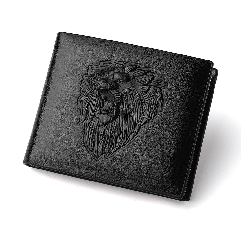 Majestic Lion Embossed Zipper Wallet - Men's Animal Print Design