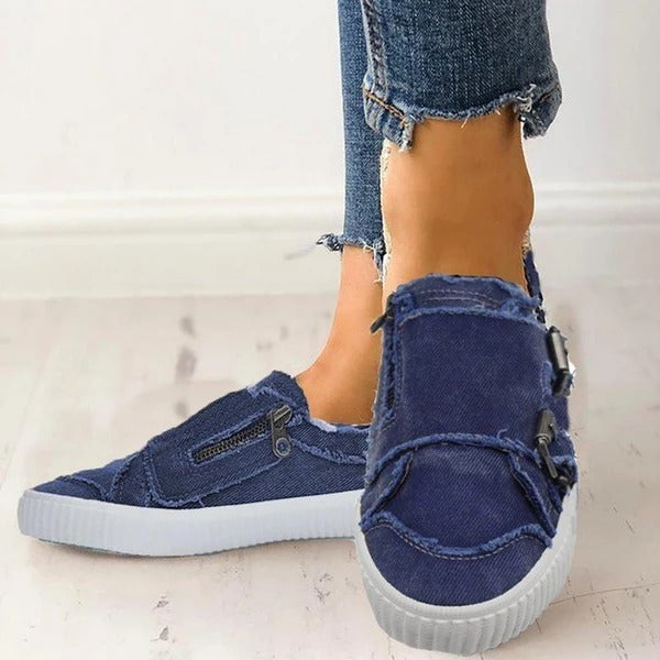 Sleek Metal Buckle Denim Canvas Shoes