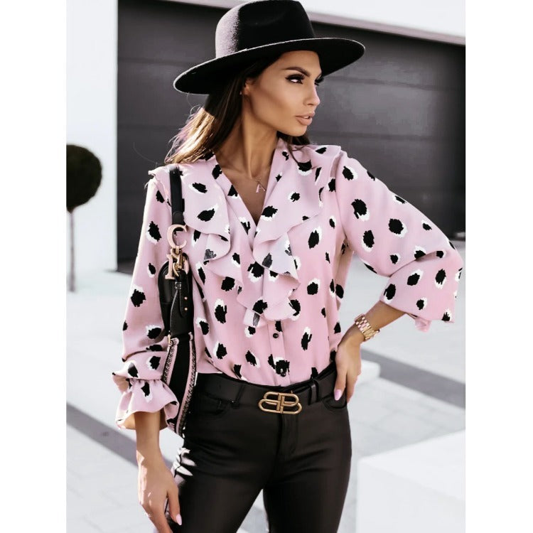 Spotted Print Lotus Leaf Collar Single-breasted Long-sleeved Shirt Women