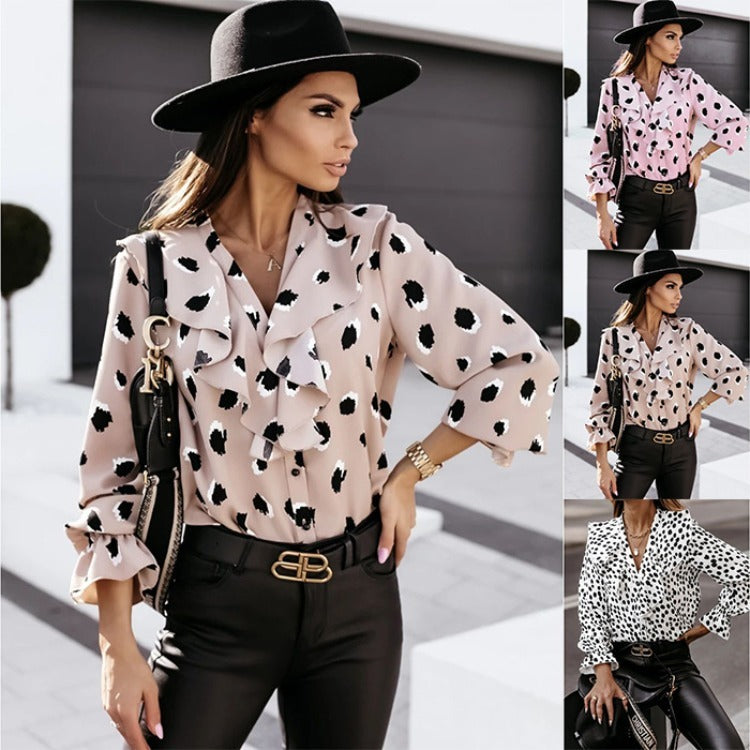 Spotted Print Lotus Leaf Collar Single-breasted Long-sleeved Shirt Women