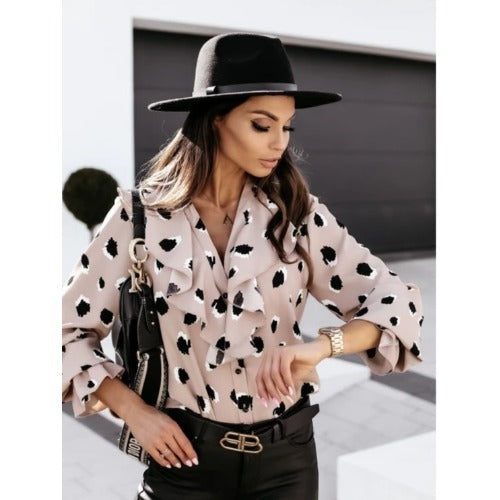 Spotted Print Lotus Leaf Collar Single-breasted Long-sleeved Shirt Women