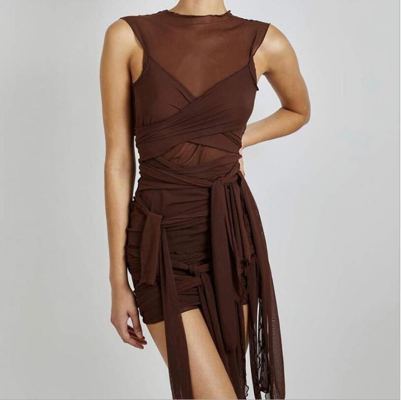 Kliou Ribbons & Mesh See-Through Bodycon Mini Dress