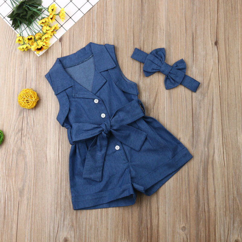 Denim Chic Sleeveless Romper for Baby Girls