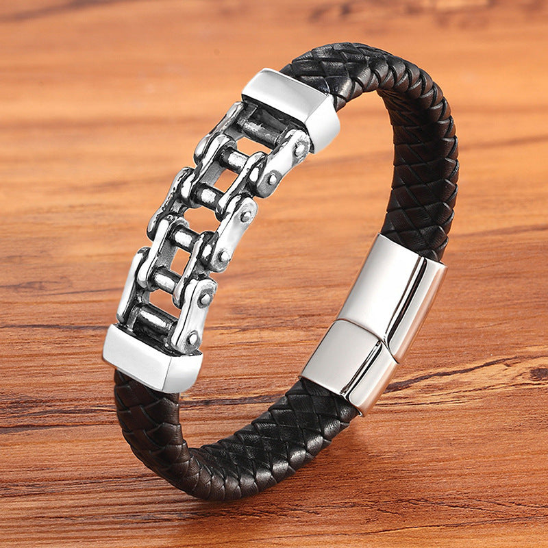 Men's Custom Leather Titanium Braided Bracelet