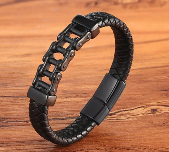 Men's Custom Leather Titanium Braided Bracelet