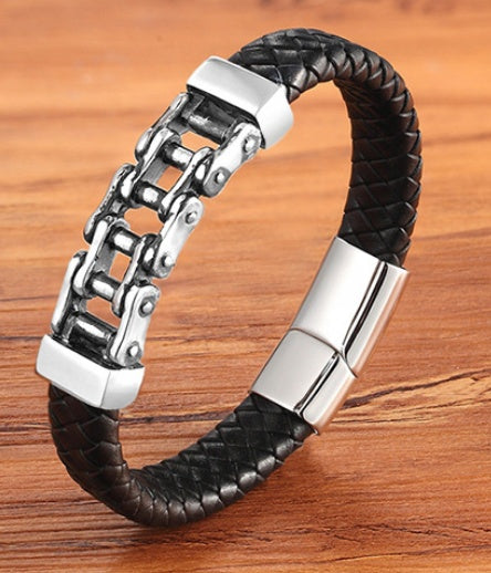 Men's Custom Leather Titanium Braided Bracelet