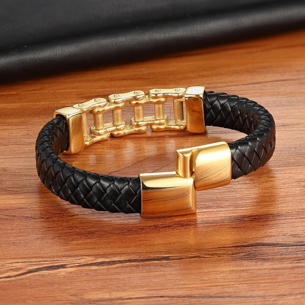 Men's Custom Leather Titanium Braided Bracelet