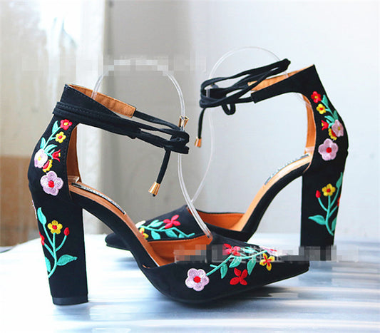 Floral Embroidered D'Orsay Ankle Strap Block Heels