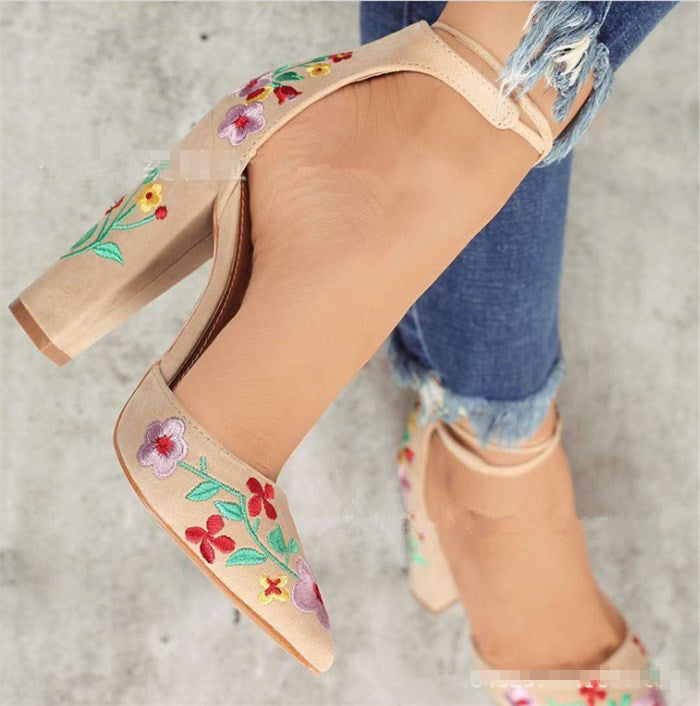 Floral Embroidered D'Orsay Ankle Strap Block Heels