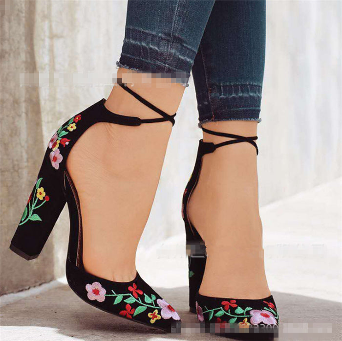 Floral Embroidered D'Orsay Ankle Strap Block Heels