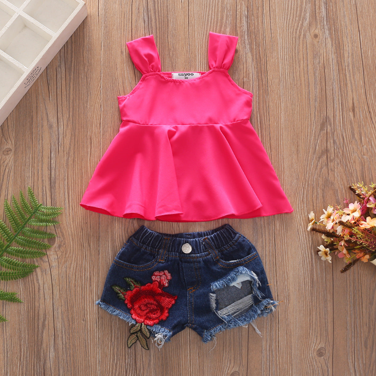 Rose Denim Ripped Shorts Set