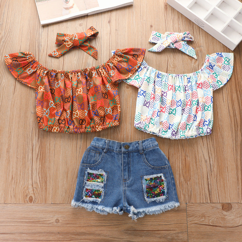 Printed Pullover Denim Shorts Suit for Girls