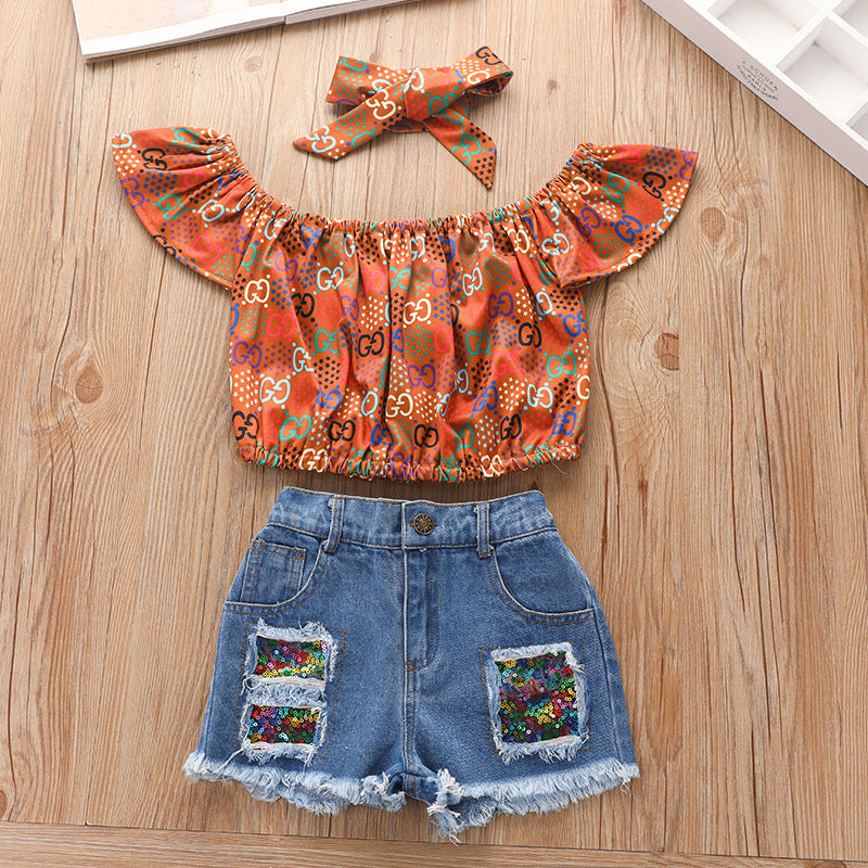 Printed Pullover Denim Shorts Suit for Girls