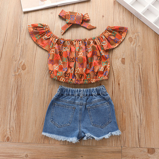 Printed Pullover Denim Shorts Suit for Girls