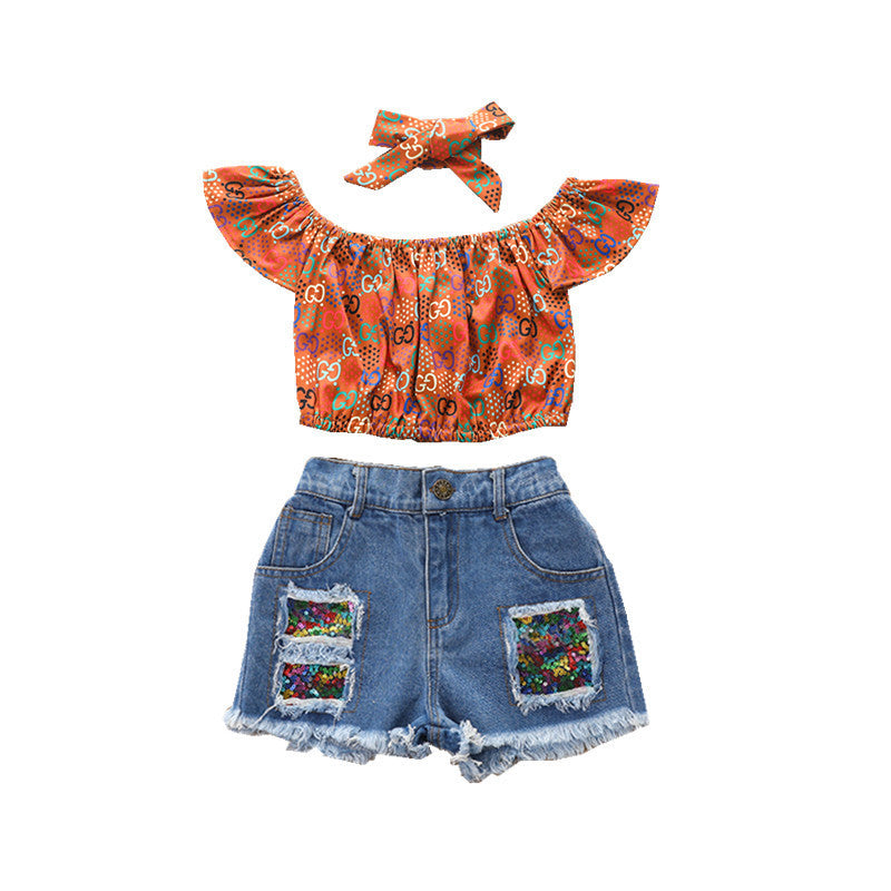 Printed Pullover Denim Shorts Suit for Girls