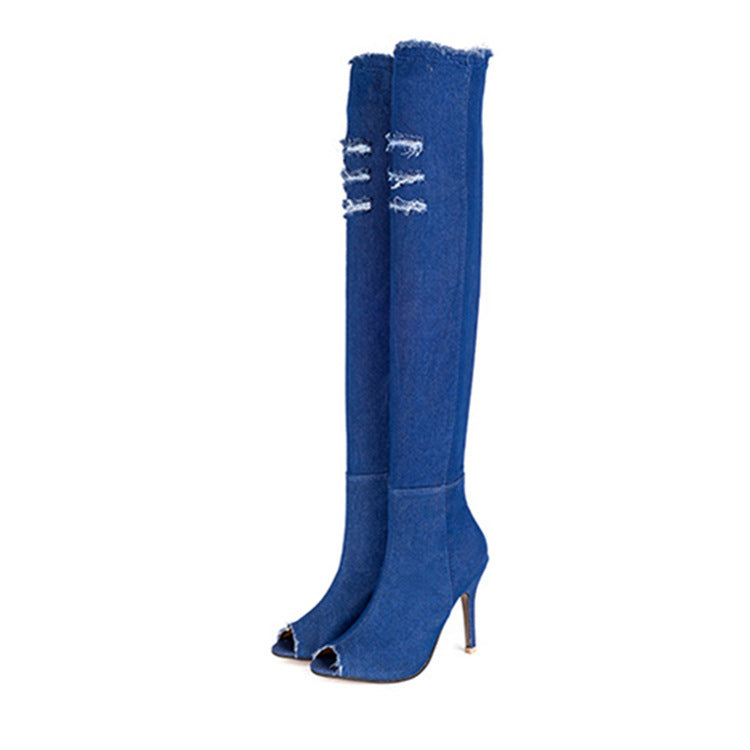Stretch-Fit Denim Knee-High Boots