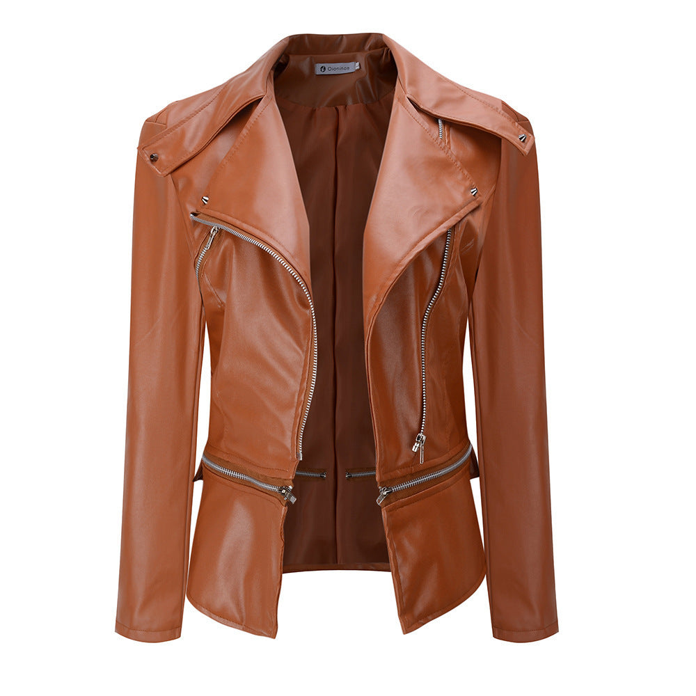 Women's Double Leather Motorcycle Jacket with Zipper