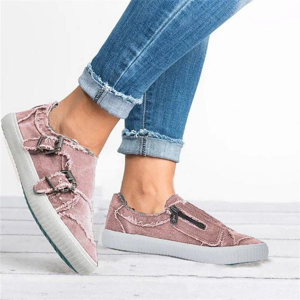 Sleek Metal Buckle Denim Canvas Shoes