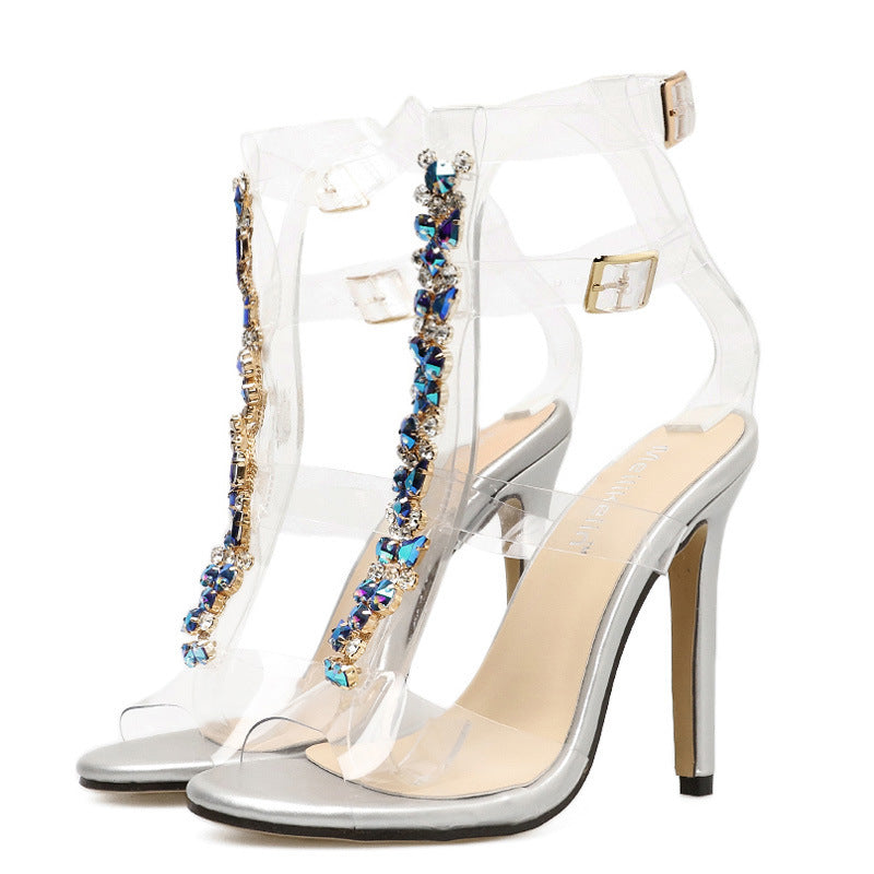 “Bluestone Bliss” High Heel Sandals w/ Clear Strap