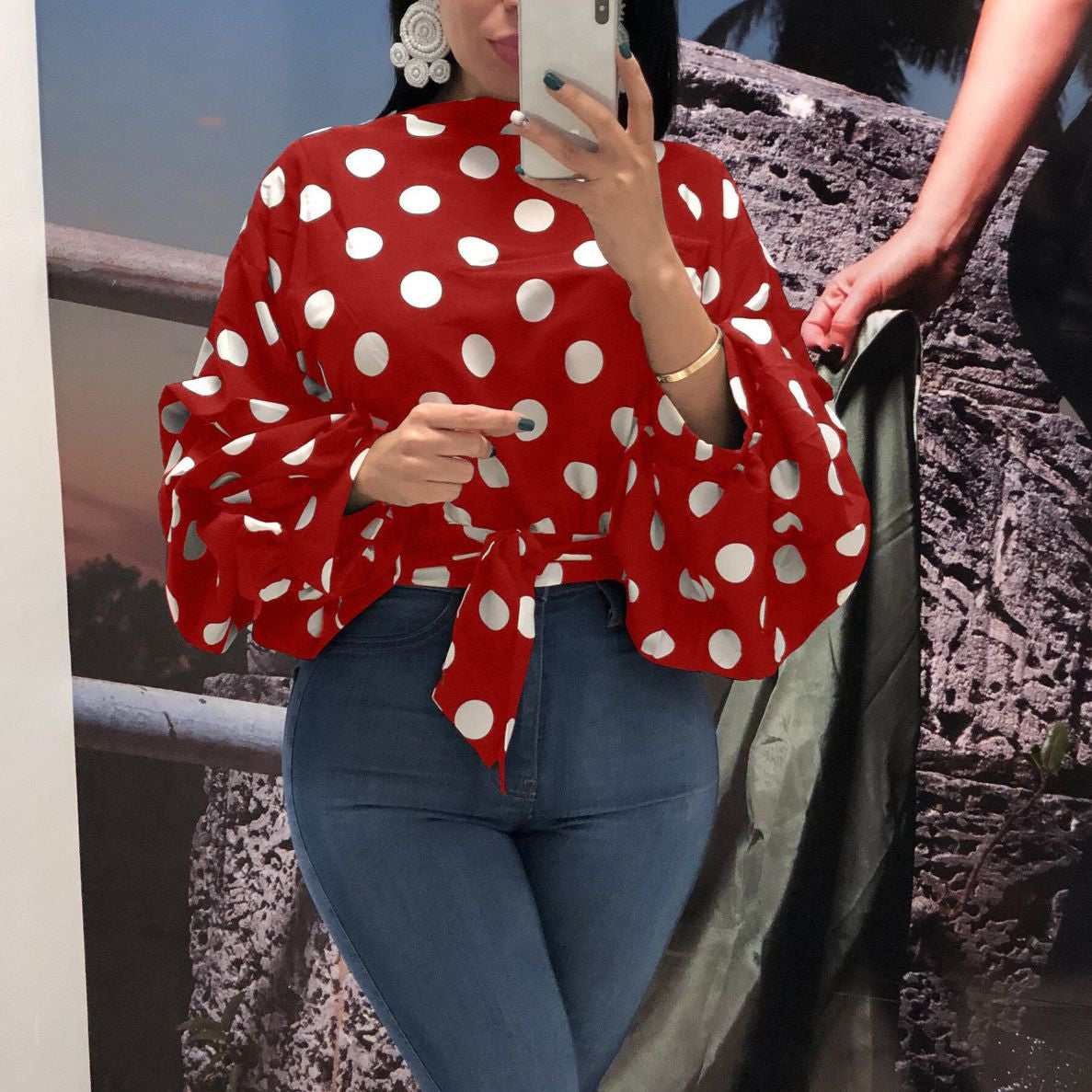 Polka Dot Charm Oversized Long Sleeve Blouse