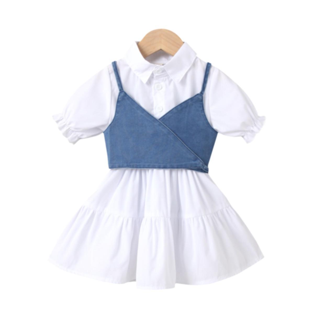 Girls' Short-Sleeved Stitching Petticoat Lace-Up Denim Sling Vest Suit