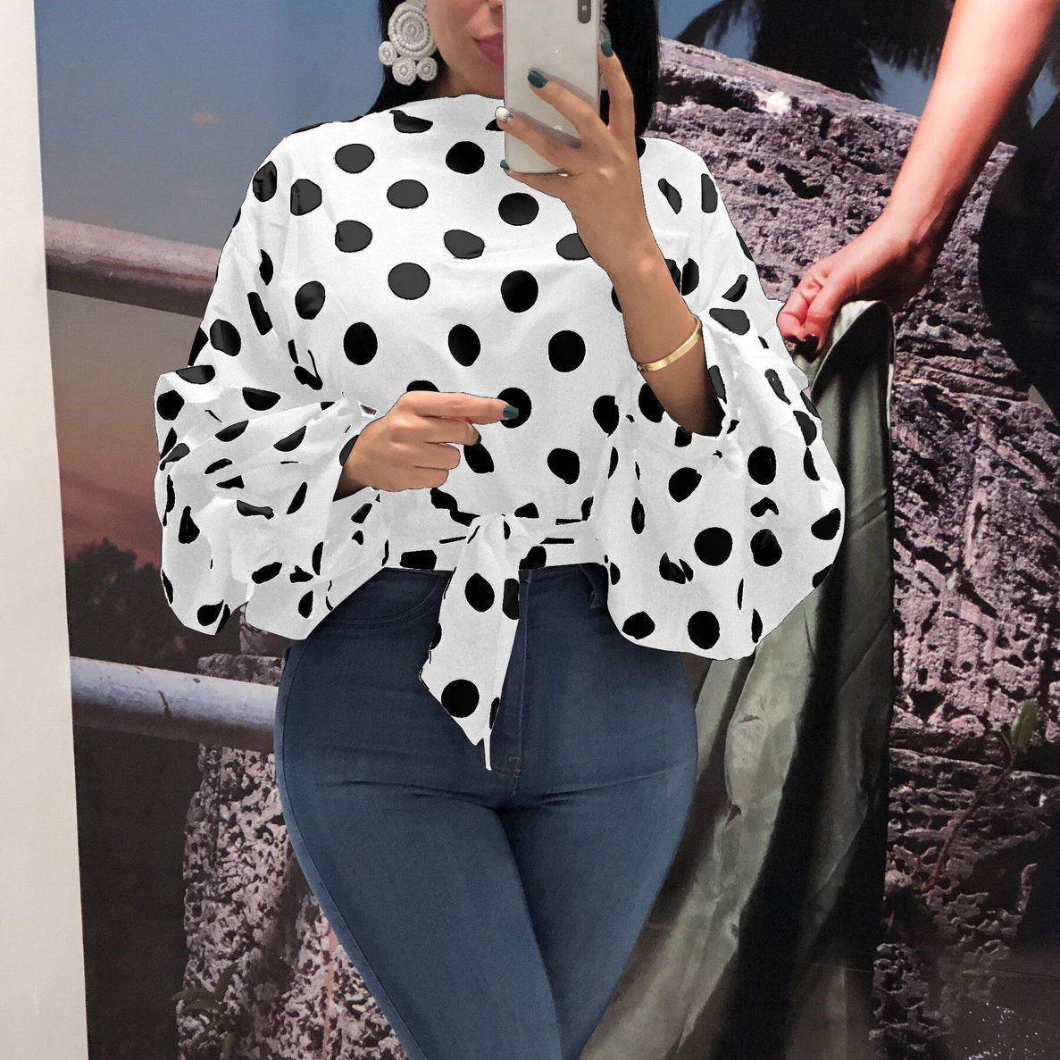 Polka Dot Charm Oversized Long Sleeve Blouse