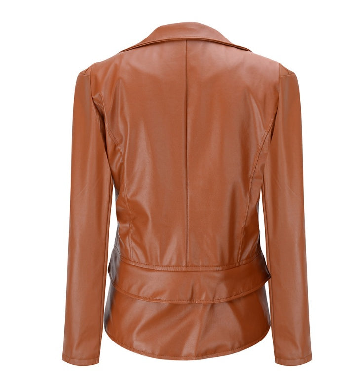 Women's Double Leather Motorcycle Jacket with Zipper