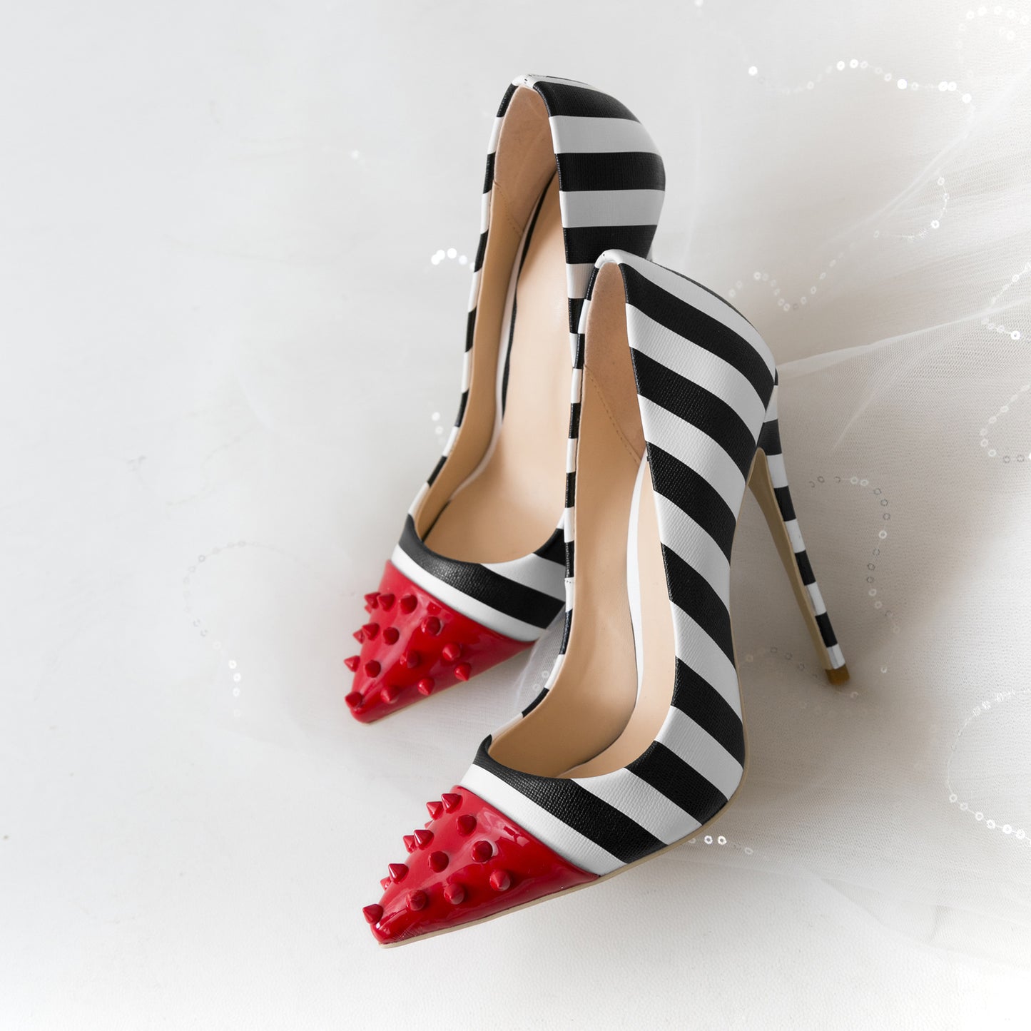 Red & Stripe Spike-Toe Stiletto Heels