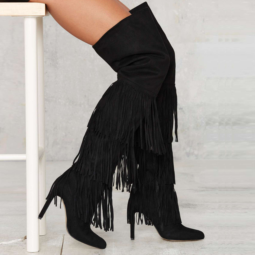 Fringed High Heel Over-the-Knee Boots