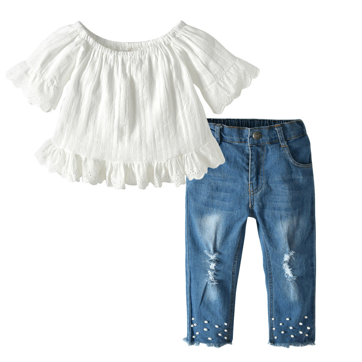 Elegant Lace & Pearl Denim Set for Girls