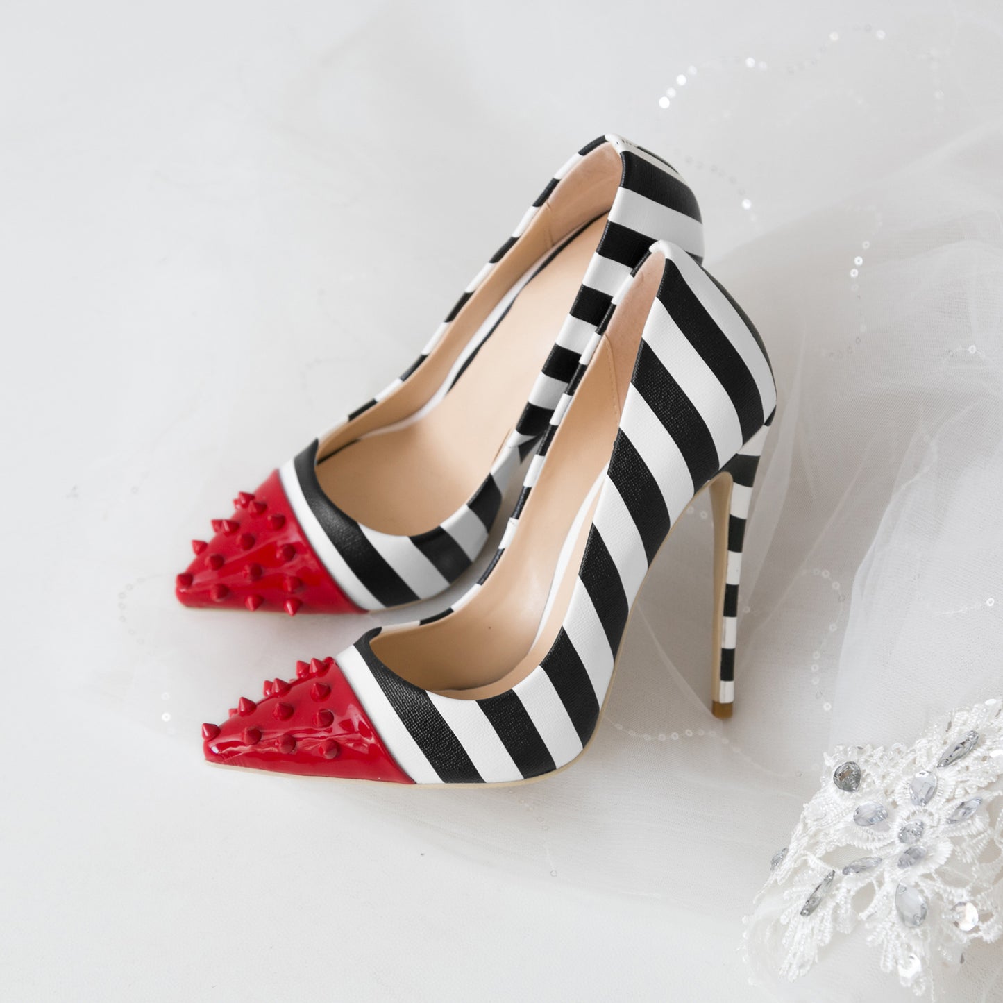 Red & Stripe Spike-Toe Stiletto Heels