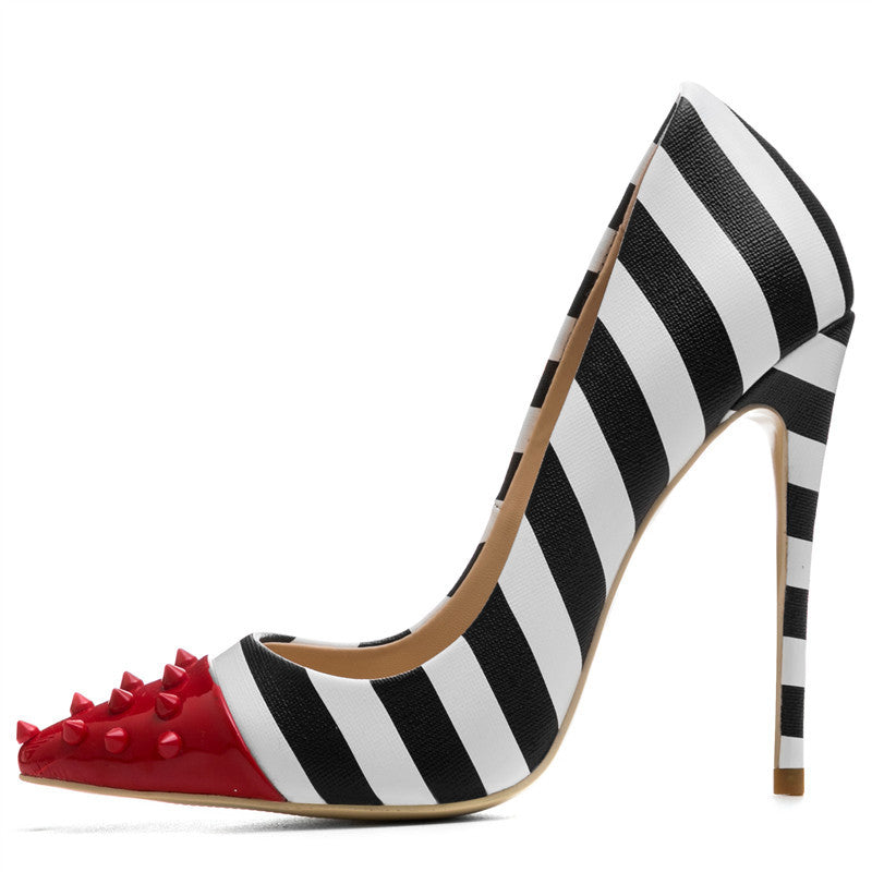 Red & Stripe Spike-Toe Stiletto Heels