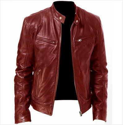 Stand-Up Collar Slim Fit Leather Gentleman Zipper Jacket