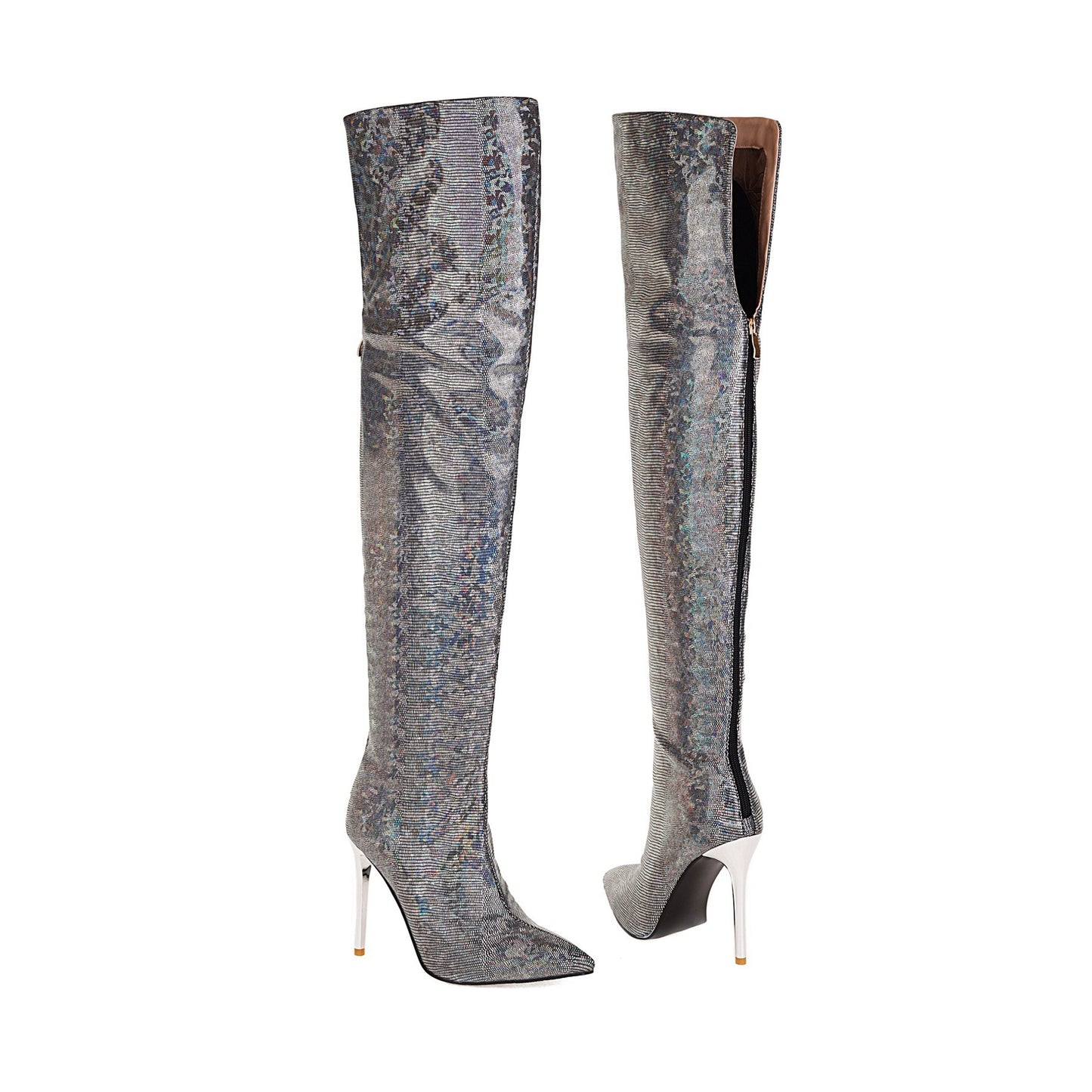 Pointed Toe Stiletto Back Zip Over-the-Knee Boots with Animated Art