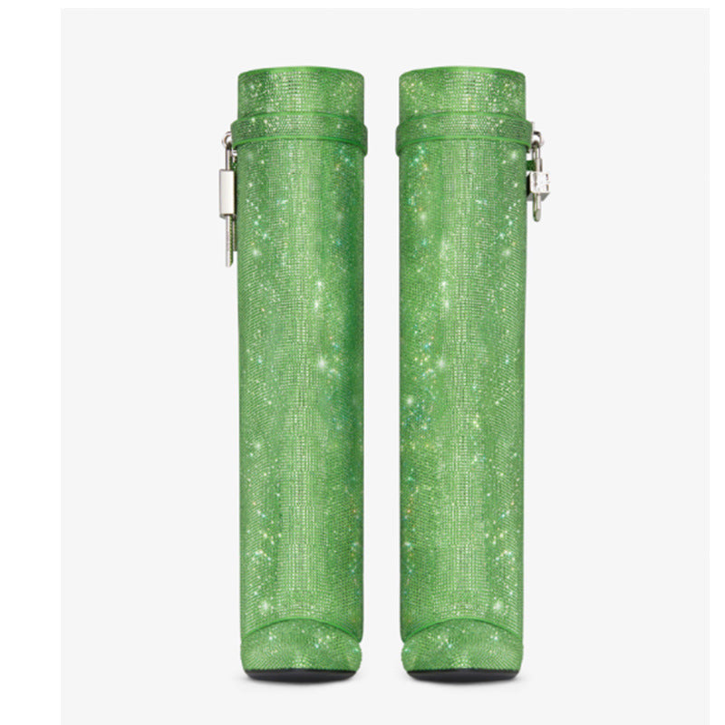 Round Toe Wedge High Heel Knee-High Boots with Rhinestone Lock and Shark Buckle