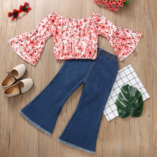 Girls' Flared Sleeve Top and Denim Trousers 2-Piece Set