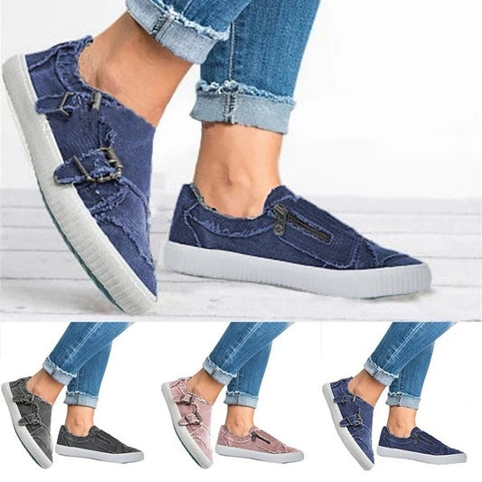 Sleek Metal Buckle Denim Canvas Shoes