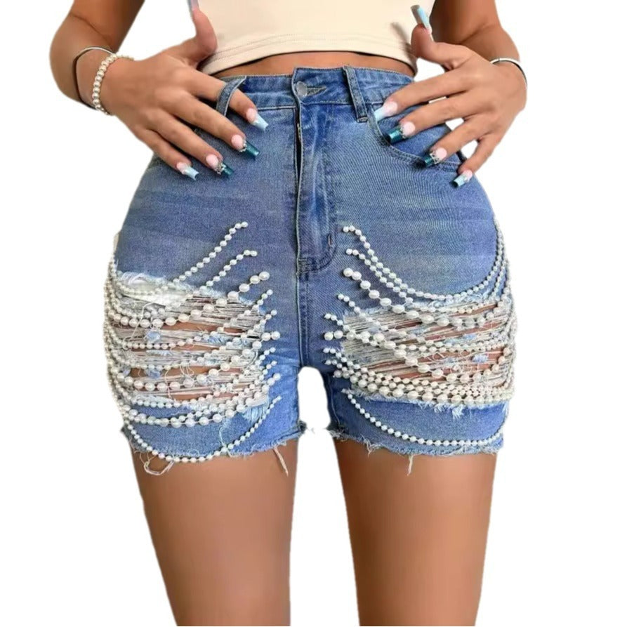 Beaded Edge High-Waisted Denim Shorts