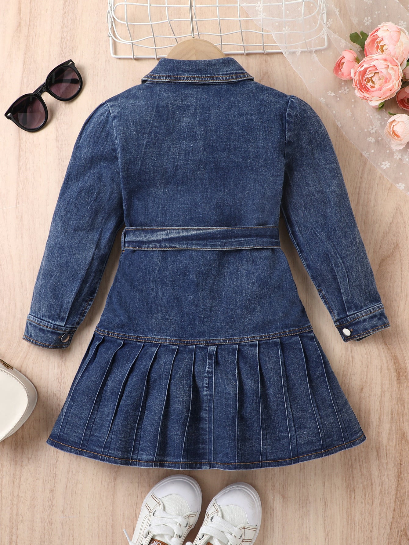 Bow Belt Pleated Denim Cardigan Dress Set