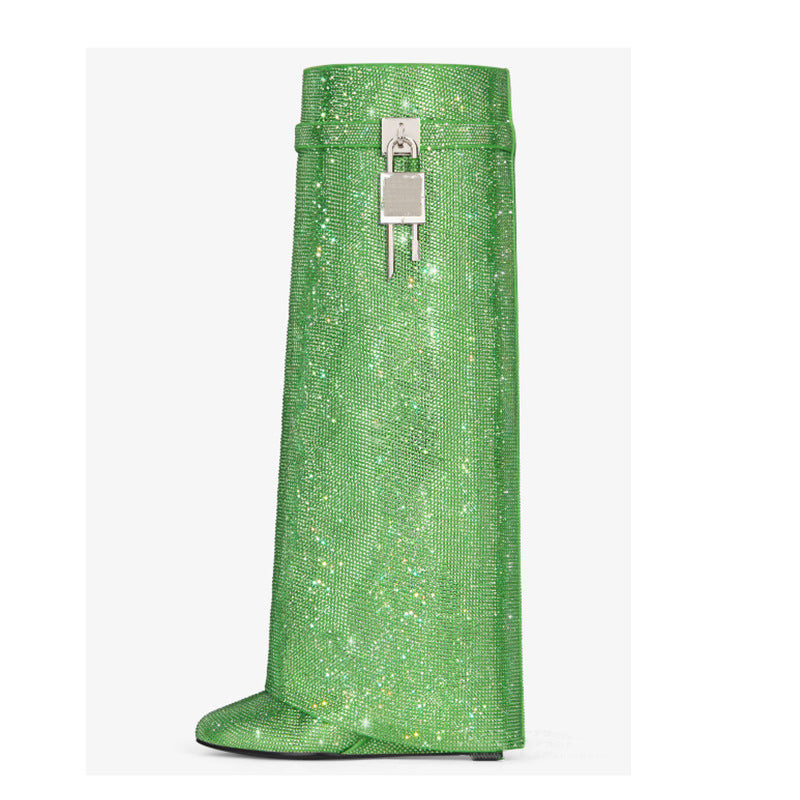 Round Toe Wedge High Heel Knee-High Boots with Rhinestone Lock and Shark Buckle