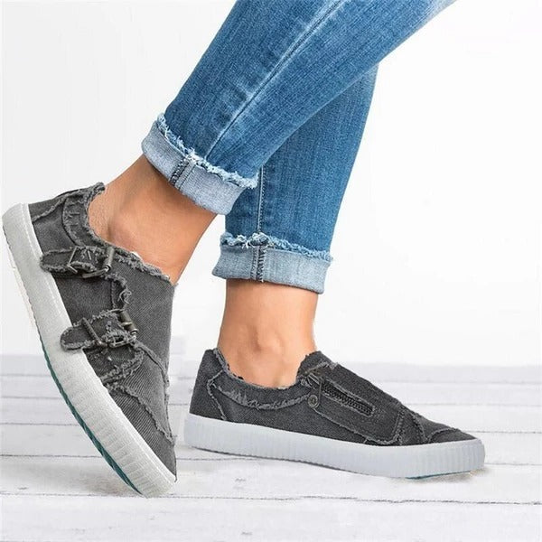 Sleek Metal Buckle Denim Canvas Shoes