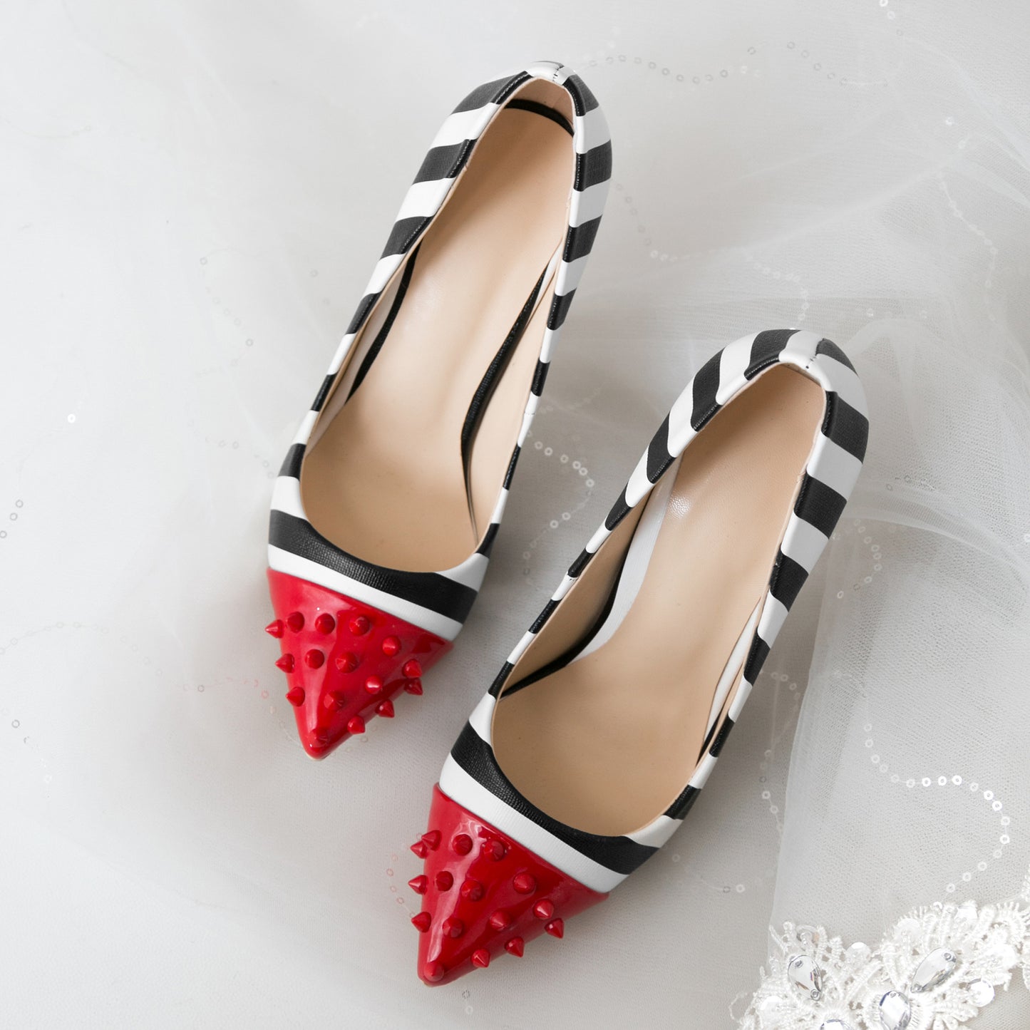 Red & Stripe Spike-Toe Stiletto Heels